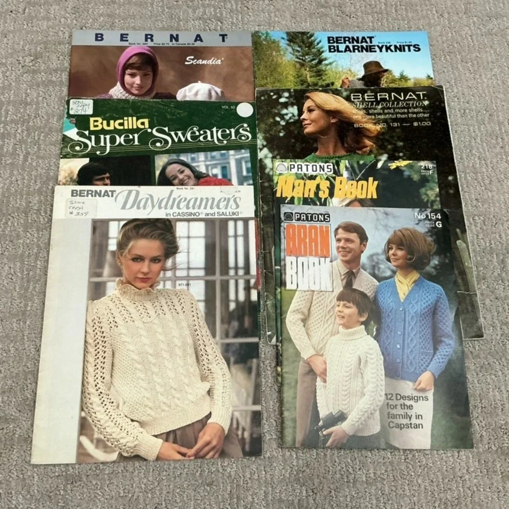 Lot 7 Vintage Knitting Crochet Pattern Books Womens Mens Bernat Bucilla Patons